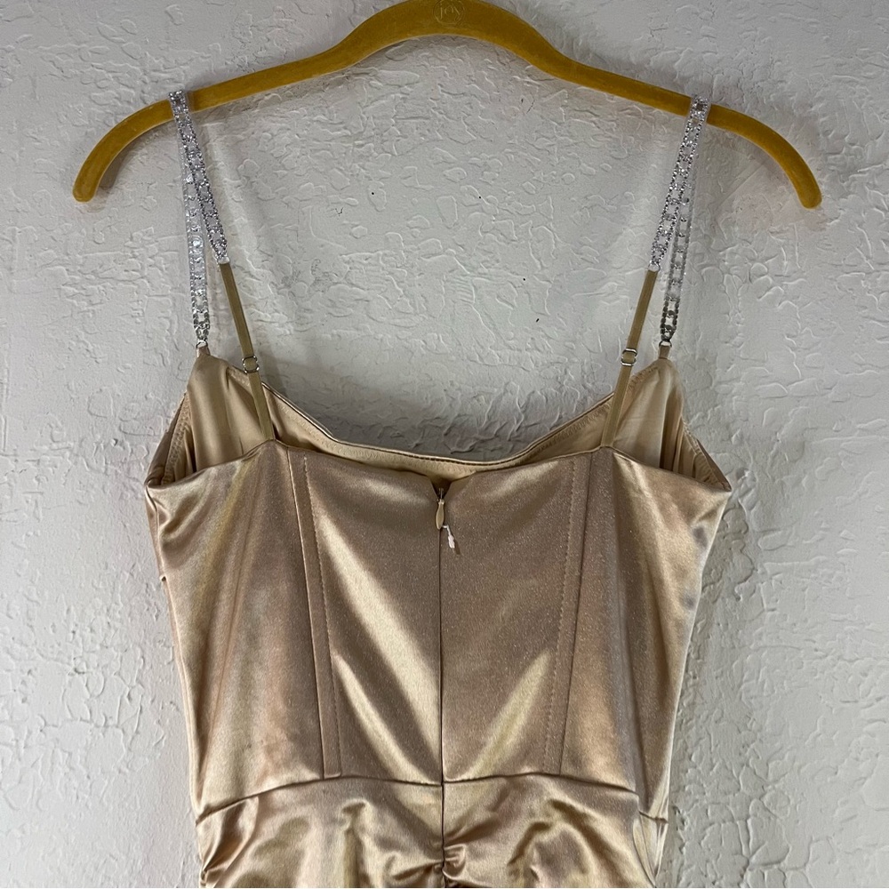 Oh Polly Embellish The Moment Ruched Satin Metallic Knee Length Dress in Gold - Picture 11 of 14